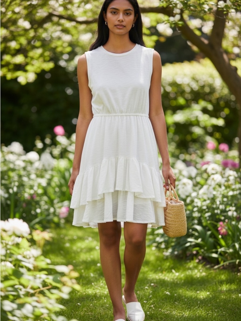 Anthropologie x Maven West White Sleeveless Ruffle Hem Mini Dress Size S